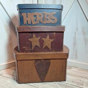 Primitive Folk Art Nesting Boxes Set of 3 Handmade "Herbs/Stars/Heart"